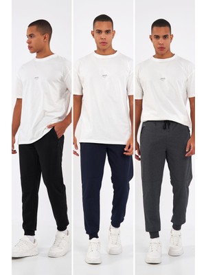  Siyah-Lacivert-Antrasit Erkek Paçası Lastikli 3'lü Eşofman Altı