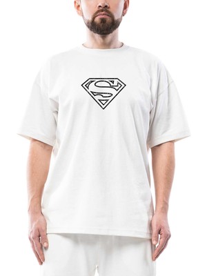 Superman Distrod Logo Oversize Beyaz Tişört