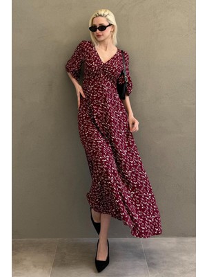 Bordo Çiçek Desenli  Yarım Kollu Elbise MG2390