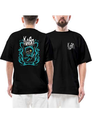 Korn Blue Monster Ön Arka Baskılı Siyah Oversize Tişört