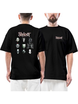 Slipknot Group Face Ön Arka Baskılı Siyah Oversize Tişört