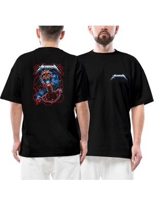 Metallica Lightning Skull Ön Arka Baskılı Siyah Oversize Tişört