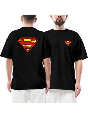 Superman Klasik Logo Ön Arka Baskılı Siyah Oversize Tişört