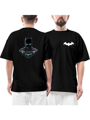 Batman Head Ön Arka Baskılı Siyah Oversize Tişört