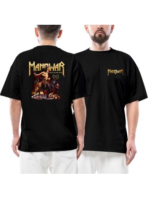 Manowar Into Glory Ride Ön Arka Baskılı Siyah Oversize Tişört