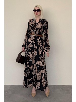 Siyah Desenli Düğmeli Uzun Kollu Elbise MG2397