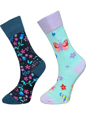 Me-Vo 2'li Unısex Çiçek ve Kelebek Tasarımlı Esnek Nem Alabilen Pamuklu Soket Çoraplar