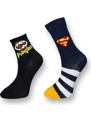 Me-Vo 2'li Unısex Pringles ve Superman Tasarımlı Esnek Nem Alabilen Pamuklu Soket Çoraplar