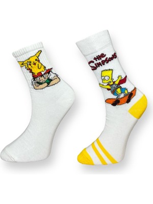 Me-Vo 2'li Unısex Pokemon ve Simpsons Tasarımlı Esnek Nem Alabilen Pamuklu Soket Çoraplar