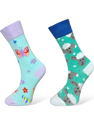 Me-Vo 2'li Unısex Kelebek ve Kuzu Tasarımlı Esnek Nem Alabilen Pamuklu Soket Çoraplar