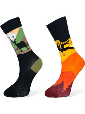 Me-Vo 2'li Unısex Doğa Temalı Geyik ve Dağ Manzaralı Esnek Nem Alabilen Pamuklu Soket Çoraplar
