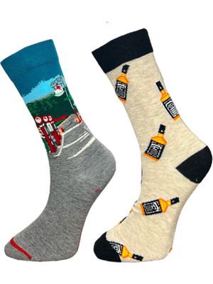 Me-Vo 2'li Unısex Viski Şişesi ve Doğa Manzarasıtasarımlı Esnek Nem Alabilen Pamuklu Soket Çoraplar