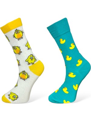 Me-Vo 2'li Unısex Sarı Civciv ve Ördek Tasarımlı Esnek Nem Alabilen Pamuklu Soket Çoraplar