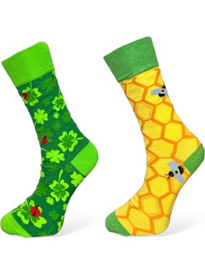 Me-Vo 2'li Unısex  Yonca ve Arı Tasarımlı Esnek Nem Alabilen Pamuklu Soket Çoraplar