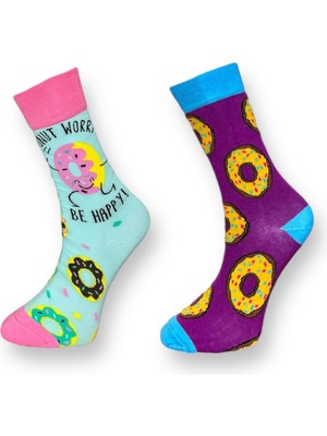 Me-Vo 2'li Unısex Donut Tasarımlı Esnek Nem Alabilen Pamuklu Soket Çoraplar