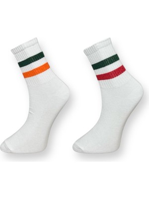 Me-Vo 2'li Unısex Çizgili  Yeşil-Turuncu ve Yeşil-Kırmızı Şeritli Esnek Nem Alabilen Pamuklu Soket Çoraplar