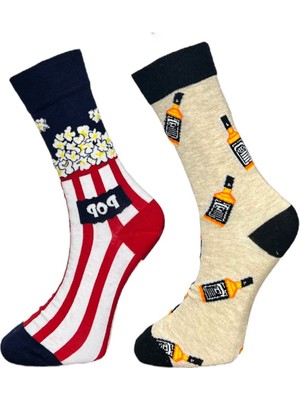 Me-Vo 2'li Unısex Patlamış Mısır ve Içki Tasarımlı Esnek Nem Alabilen Pamuklu Soket Çoraplar