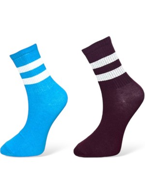 Me-Vo 2'li Unısex Esnek Nem Alabilen Pamuklu Beyaz Şeritli Çizgili Soket Çoraplar