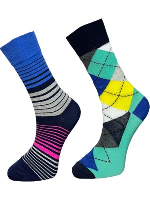 Me-Vo 2'li Unısex Çizgili ve Argyle Tasarımlı Esnek Nem Alabilen Pamuklu Soket Çoraplar