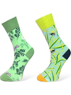 Me-Vo 2'li Unısex Çiçek ve Böcek Tasarımlı Esnek Nem Alabilen Pamuklu Soket Çoraplar