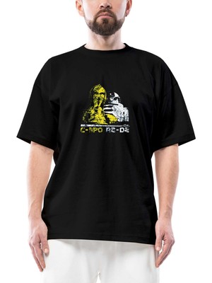 Star Wars C-30 And R2-D2 Oversize Siyah Tişört