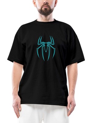Spiderman Blue Logo Oversize Siyah Tişört