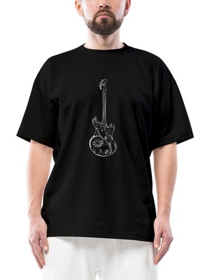 Gitar Müzik Aşkı Oversize Siyah Tişört