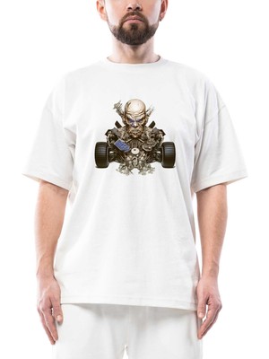 Skull Car Oversize Beyaz Tişört