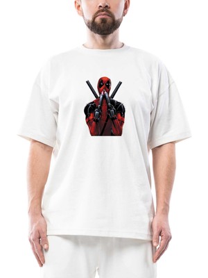 Deadpool Guns Oversize Beyaz Tişört