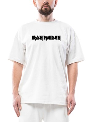 Iron Maiden Black Text Oversize Beyaz Tişört