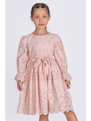 Çiçek Nakışlı Uzun Kollu Kız Çocuk Brode Elbise - Pudra
