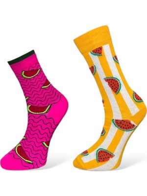 Me-Vo 2'li Unısex Karpuz Tasarımlı Esnek Nem Alabilen Pamuklu Soket Çoraplar