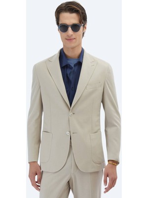 Bej Düz Modern Fit %100 Pamuk Örme Takım Elbise