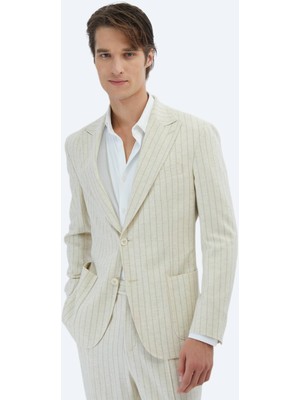 Bej Çizgili Comfort Fit Keten Karışımlı Takım Elbise