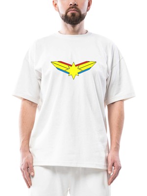 Captain Marvel Logo Oversize Beyaz Tişört