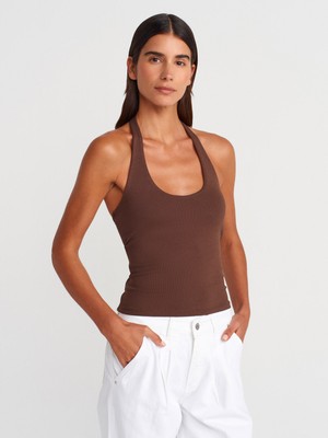21052 Halter Yaka Top-Açık Kahve