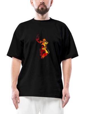 Red Basketball Silhouette Oversize Siyah Tişört