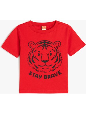 Koton Kısa Kollu Pamuklu Tişört Erkek Çocuk için Kaplan Baskılı Bisiklet Yaka Kırmızı
