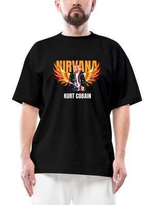 Nirvana Kurt Cobain Guitar Angel Oversize Siyah Tişört
