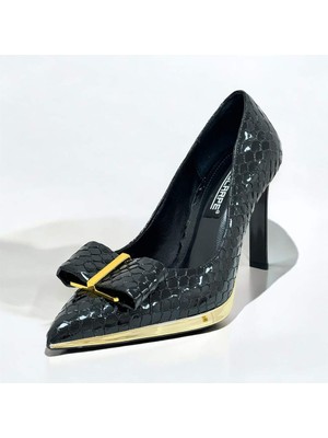 Lescarpe 5508 Siyah Cam Kırığı Altın Metal Platform Topuklu Kadın Ayakkabı