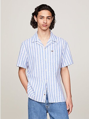 Tommy Hilfiger Tommy Jeans Erkek Keten Çizgili Kısa Kollu Gömlek