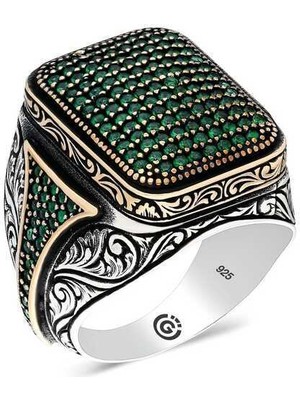 Gümüş Yeşil Zirkon Taşlı Kare Erkek Yüzük