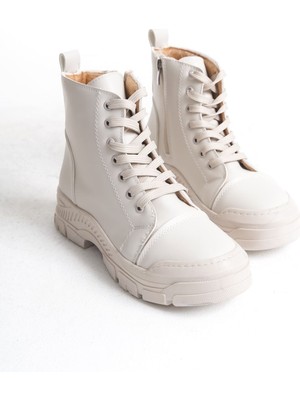 Sulina Bağcıklı Fermuarlı Ortopedik Taban Kadın Bot - Krem