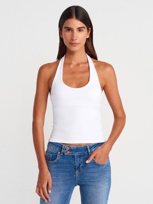 Dilvin 21052 Halter Yaka Kolsuz Kadın Bluz Beyaz %95 Pamuk %5 Elastan Şık Abiye Tasarım