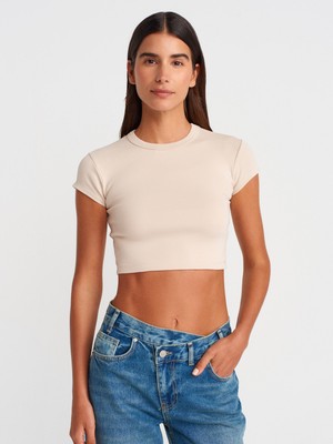 Dilvin 31810 Bisiklet Yaka Crop T-Shirt-Bej