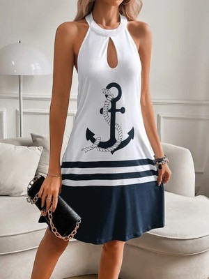 Ag Shoppings Kadın Askılı Çıpa Baskılı Sırtı Açık Kısa Süprem Elbise