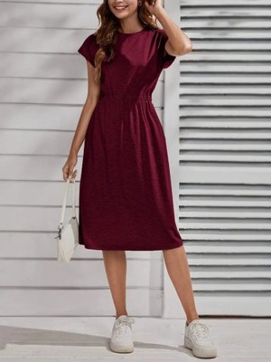 Sem E - Commerce Kadın Kısa Kollu Bisiklet Yaka Belden Lastikli Midi Viskon Elbise