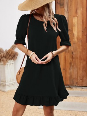 Alinn Butikk Kadın Kısa Kollu Kol ve Eteği Volanlı Bisiklet Yaka Aerobin Elbise