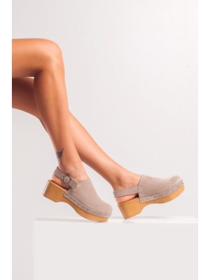 İnyola Shoes Kadın Hakiki Deri Takunya Sandalet 6314 Bej Süet