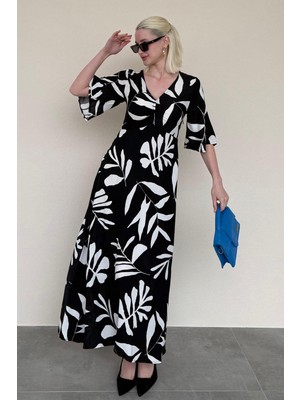 Siyah Desenli  Yarım Kollu Elbise MG2395